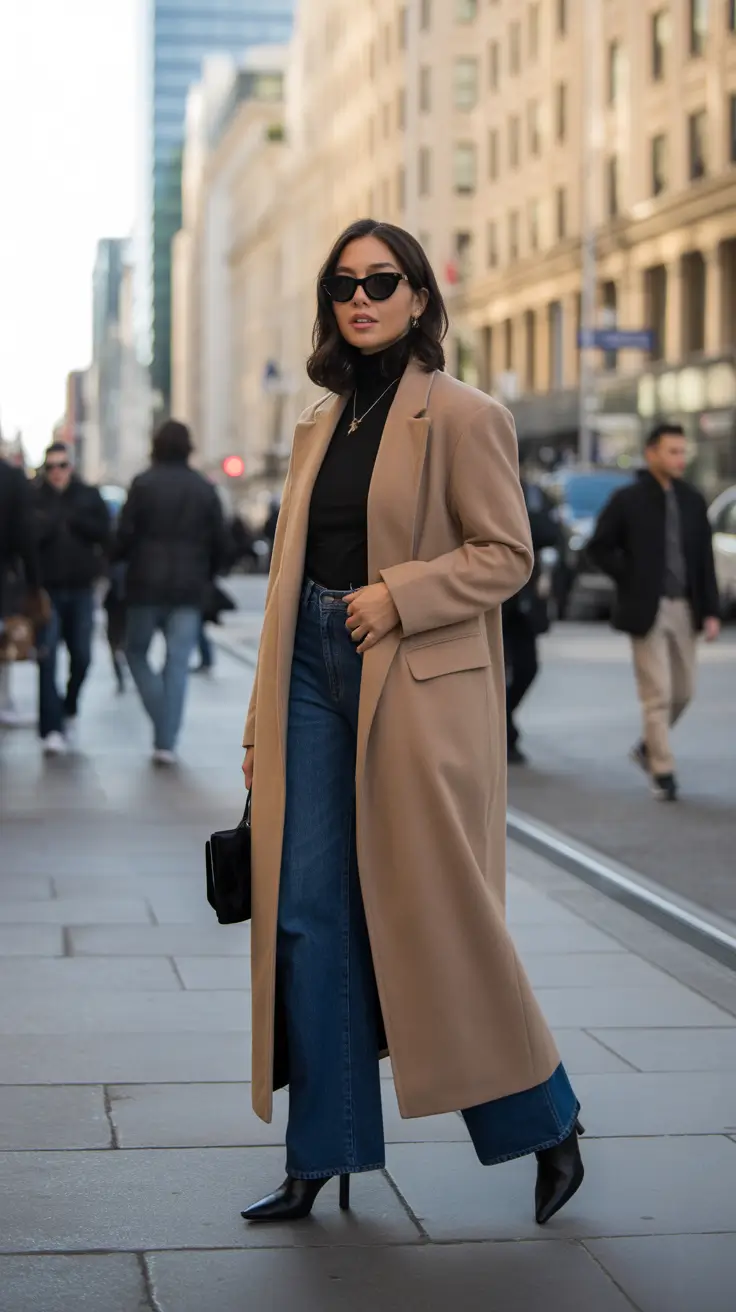 NYC Winter Outfits 2025 / 2026 Street Style Guide - Camel Coat, Black Knit, and Heel-Point Boots