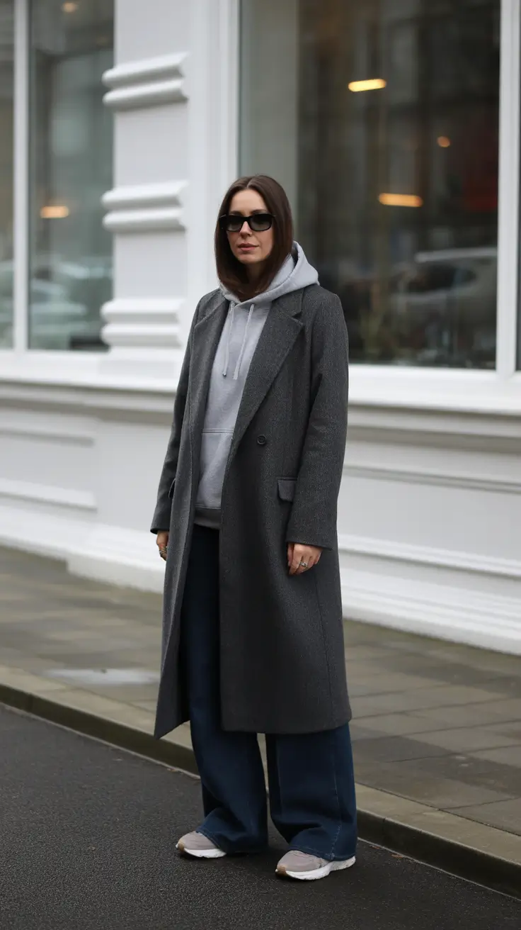 NYC Winter Outfits 2025 / 2026 Street Style Guide - Hoodie Under Charcoal Coat - Sporty Classic