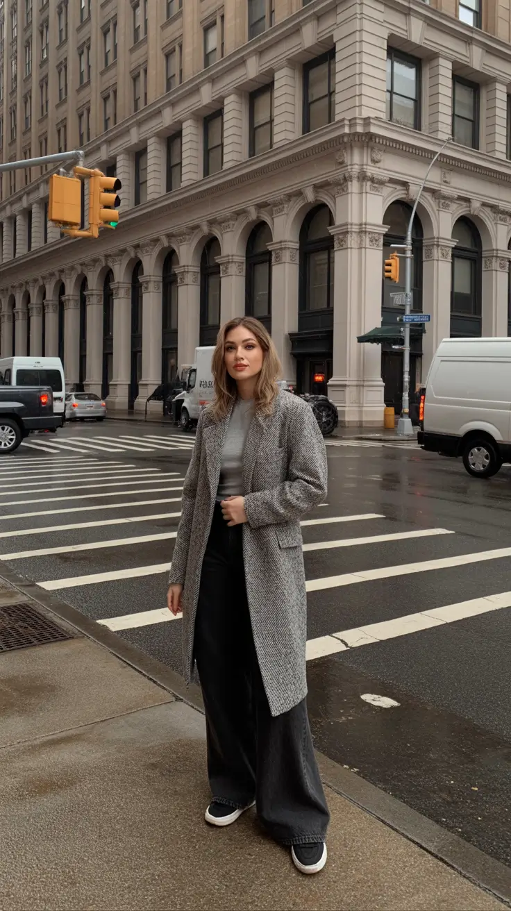 NYC Winter Outfits 2025 2026 Street Style Guide - Gray Herringbone Coat, Sporty Denim Ease