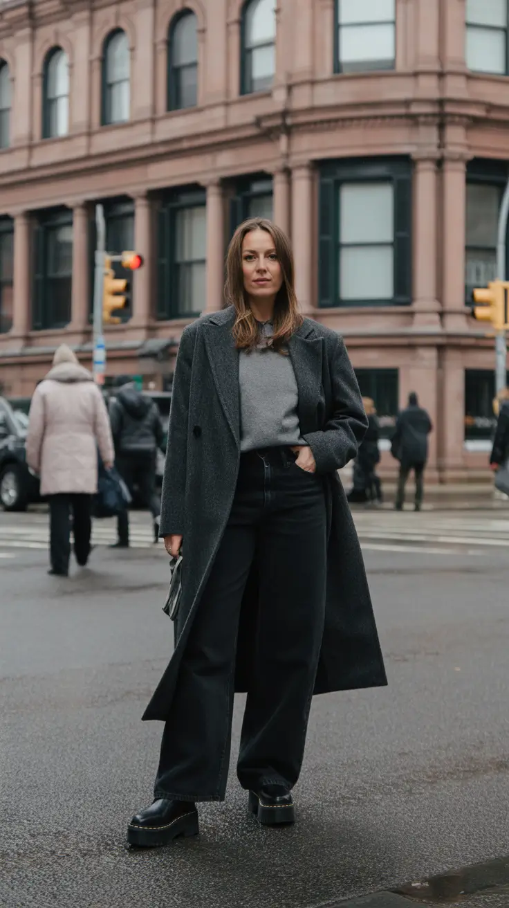 NYC Winter Outfits 2025 2026 Street Style Guide - Charcoal Coat With Soft-Grey Knit