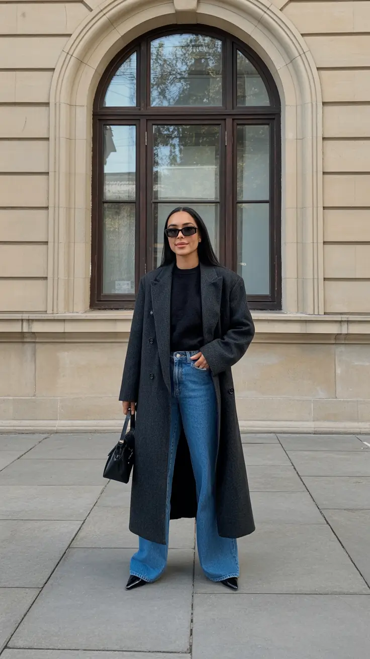 NYC Winter Outfits 2025 2026 Street Style Guide - Long Charcoal Coat, Blue Denim, Pointed Boots