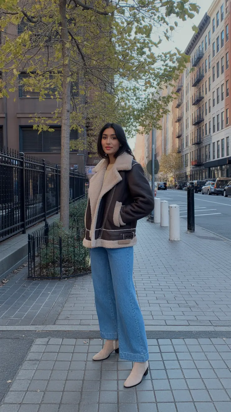 NYC Winter Outfits 2025 2026 Street Style Guide - Shearling Aviator And Light Denim