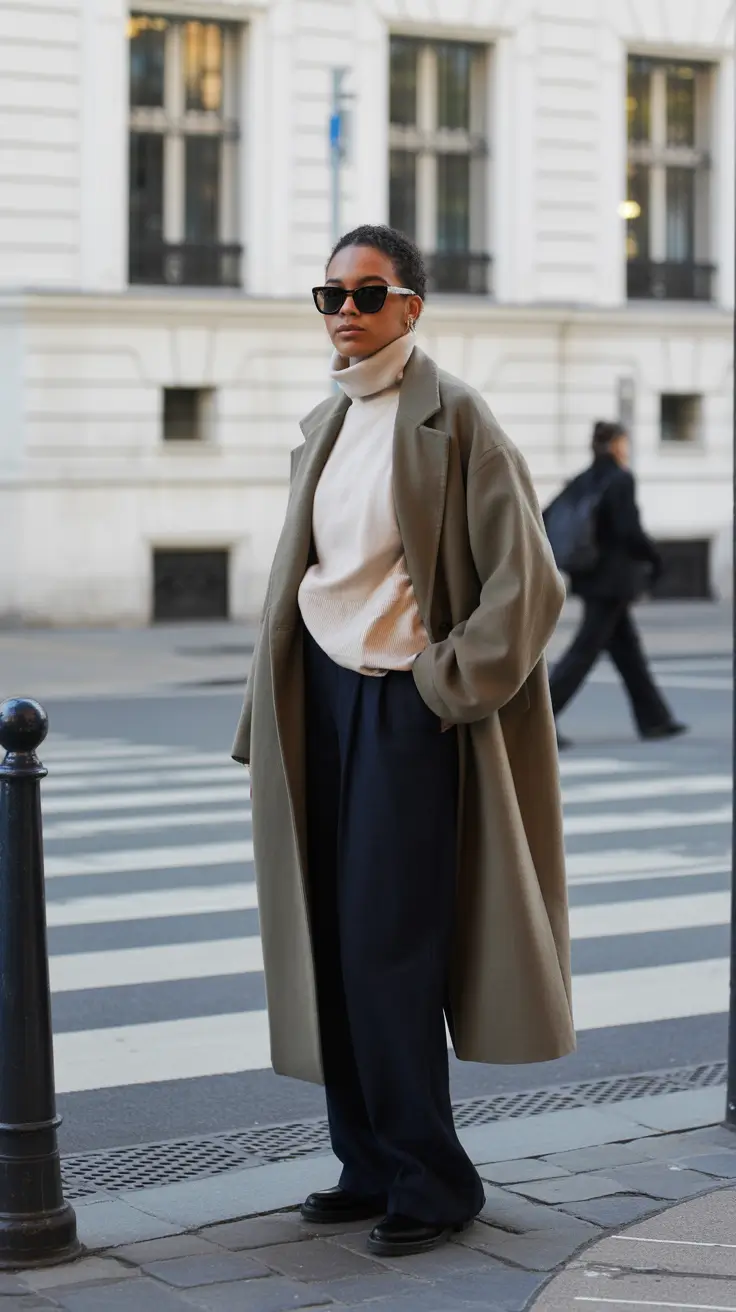 NYC Winter Outfits 2025 2026 Street Style Guide - Olive Coat, Cream Rollneck, Navy Trousers