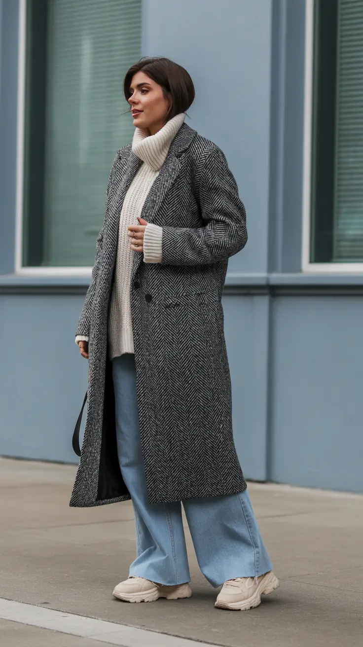NYC Winter Outfits 2025 2026 Street Style Guide - Herringbone Maxi Coat With Chunky Turtleneck