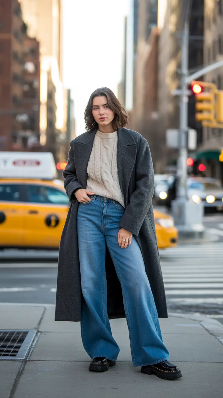 NYC Winter Outfits 2025 / 2026 Street Style Guide - Cable Knit With Wide-Leg Denim