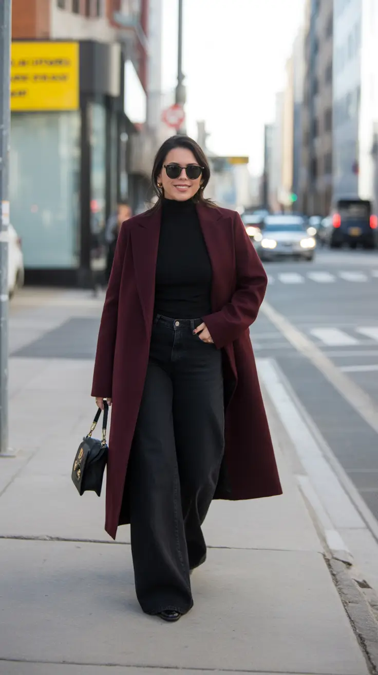 NYC Winter Outfits 2025 2026 Street Style Guide - Merlot Coat With All-Black Foundations
