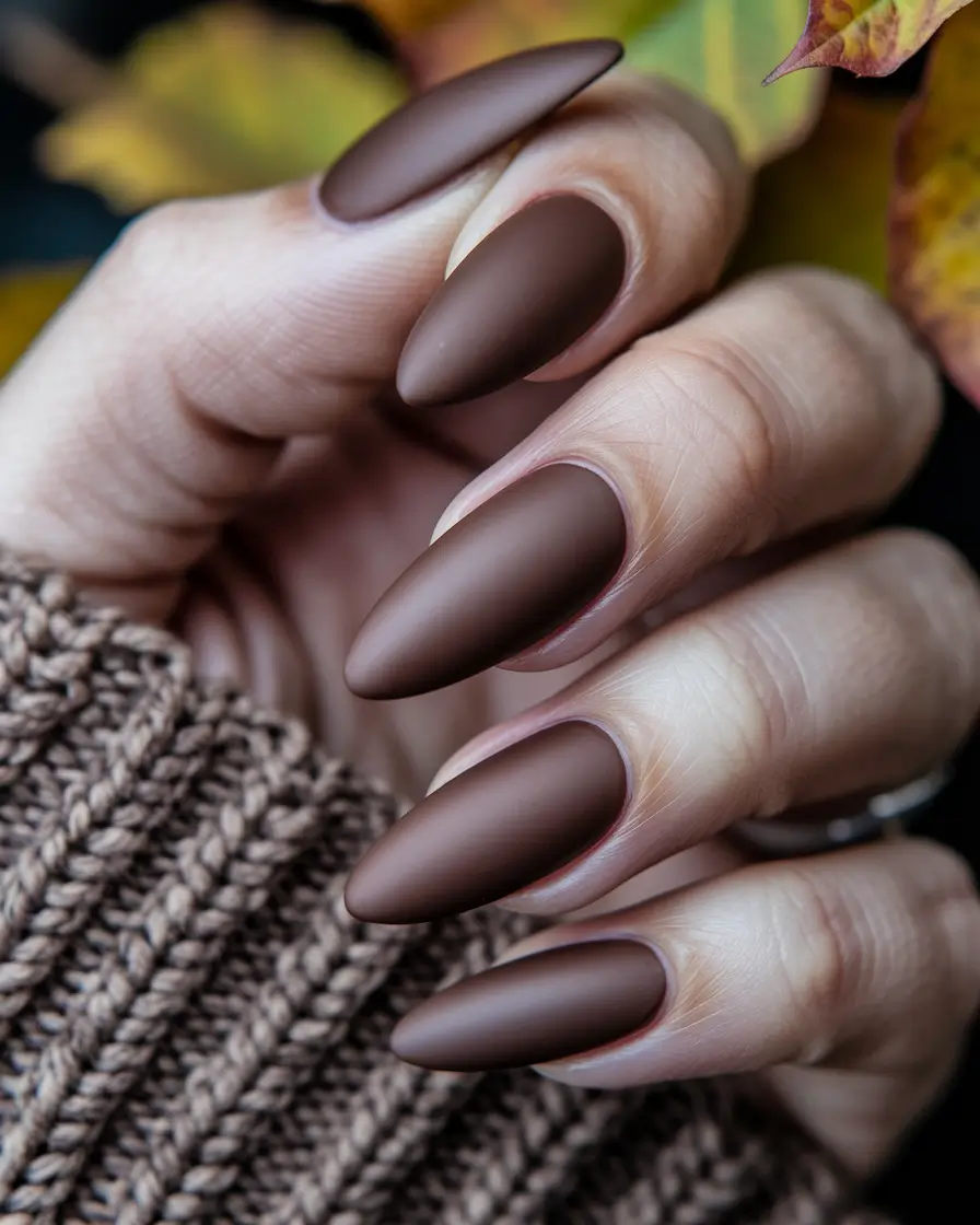 Fall Nail Color Inspo for October 2025 - Matte Cocoa Almonds - Cozy Hot Chocolate