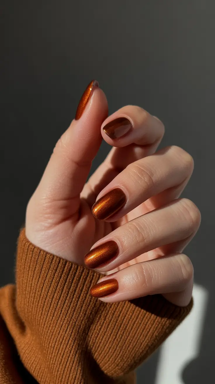 Fall Nail Color Inspo for October 2025 - Copper Glow Shorties - Cinnamon Spark