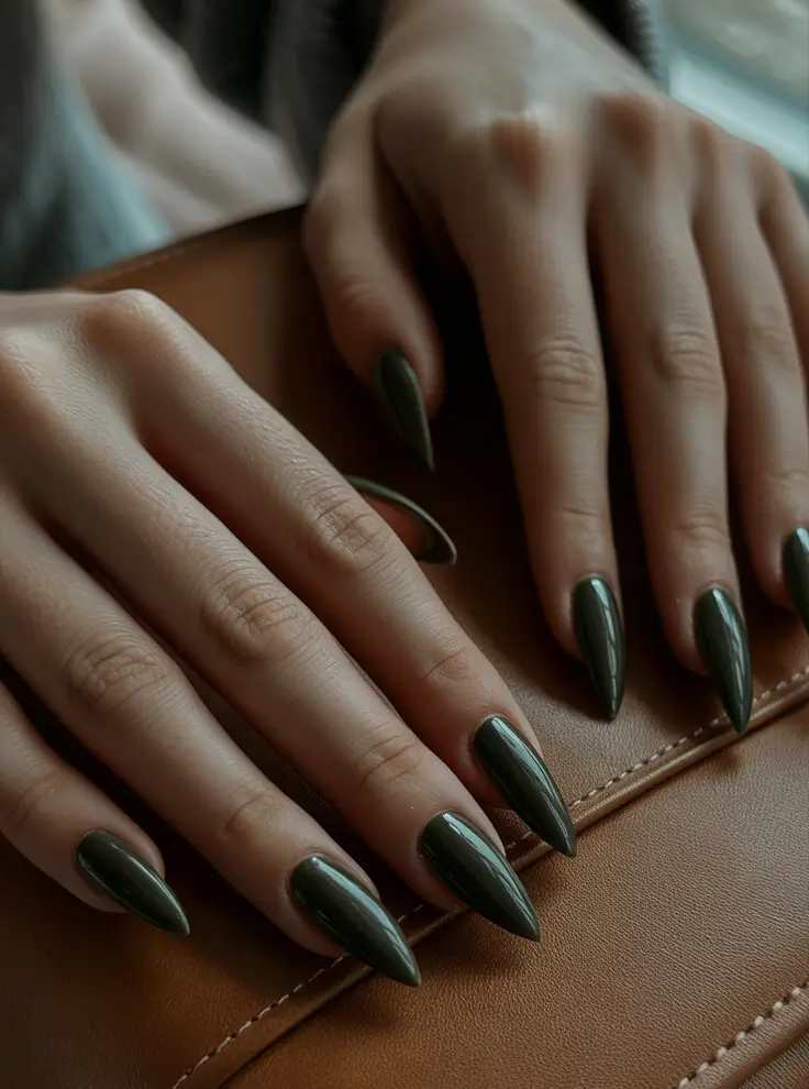 Fall Nail Color Inspo for October 2025 - Deep Forest Points - Luxe Night Green