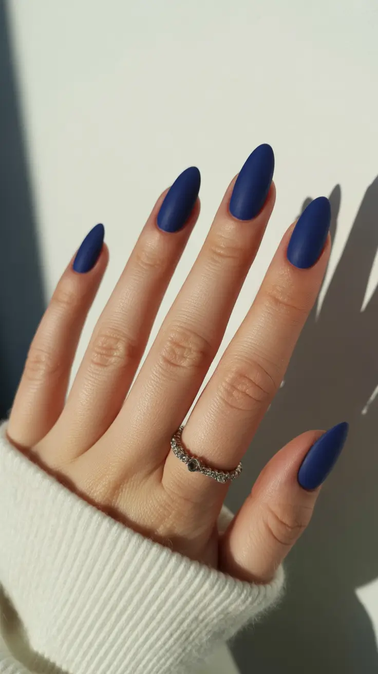 Fall Nail Color Inspo for October 2025 - Velvet Midnight - Matte Navy Ovals
