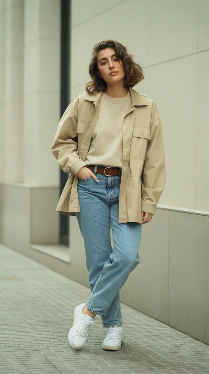 october outfits - Soft Utility Jacket, Straight Denim, and White Sneakers