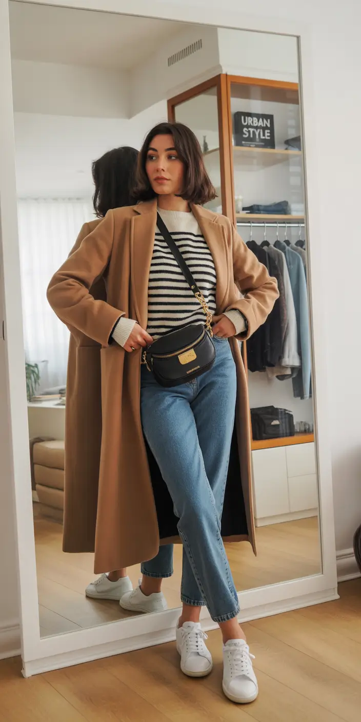 october outfits - Camel Coat, Breton Stripes, Crossbody, And White Sneakers