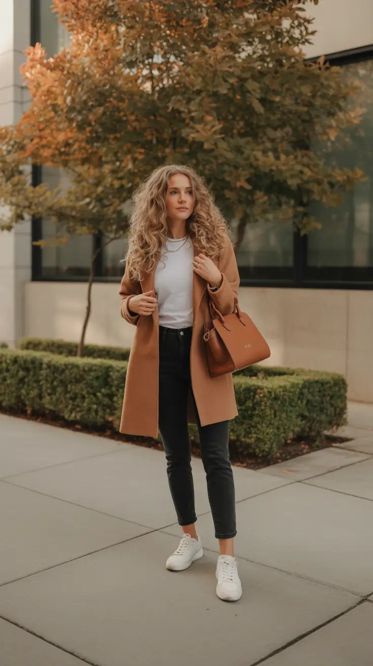 october outfits - Camel Coat, Clean Tee, Black Denim And White Kicks