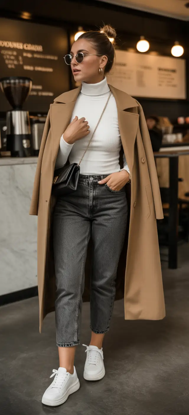 october outfits - Camel Overcoat, Sleek Turtleneck And Cropped Slate Denim