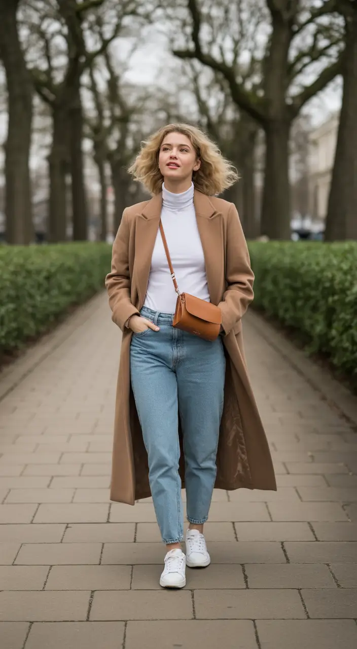 october outfits - Park Walk Uniform - Camel Coat, White Rollneck And Soft Blue Jeans