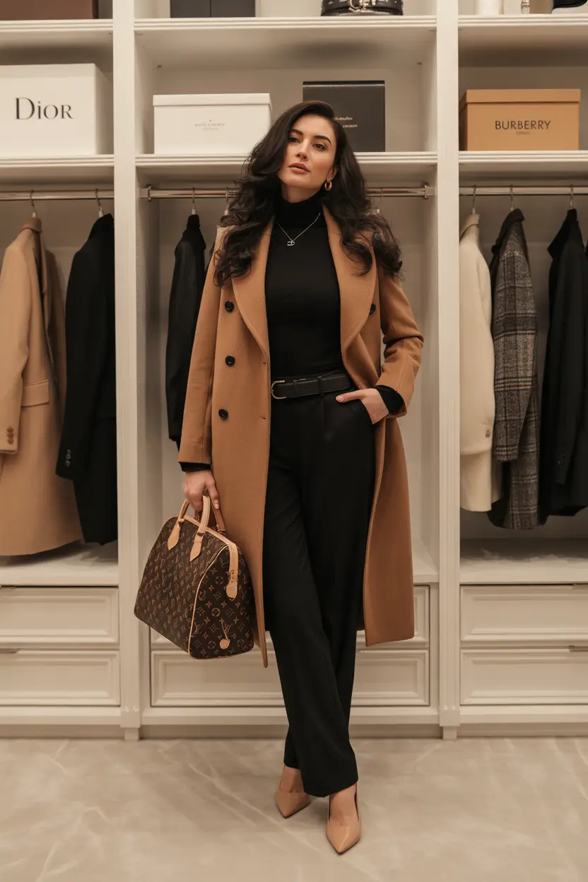 october outfits - Black Base, Camel Coat And Nude Pumps