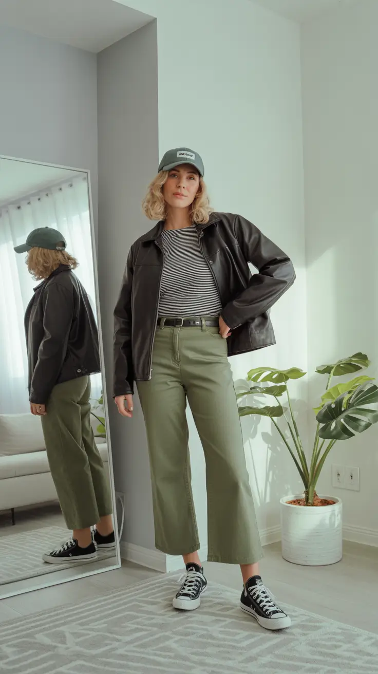 october outfits - Leather Jacket, Striped Tee And Cropped Olive Pants