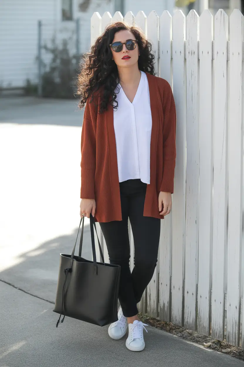 october outfits - Rust Cardigan, White Blouse, Black Skinnies, And A Big Tote