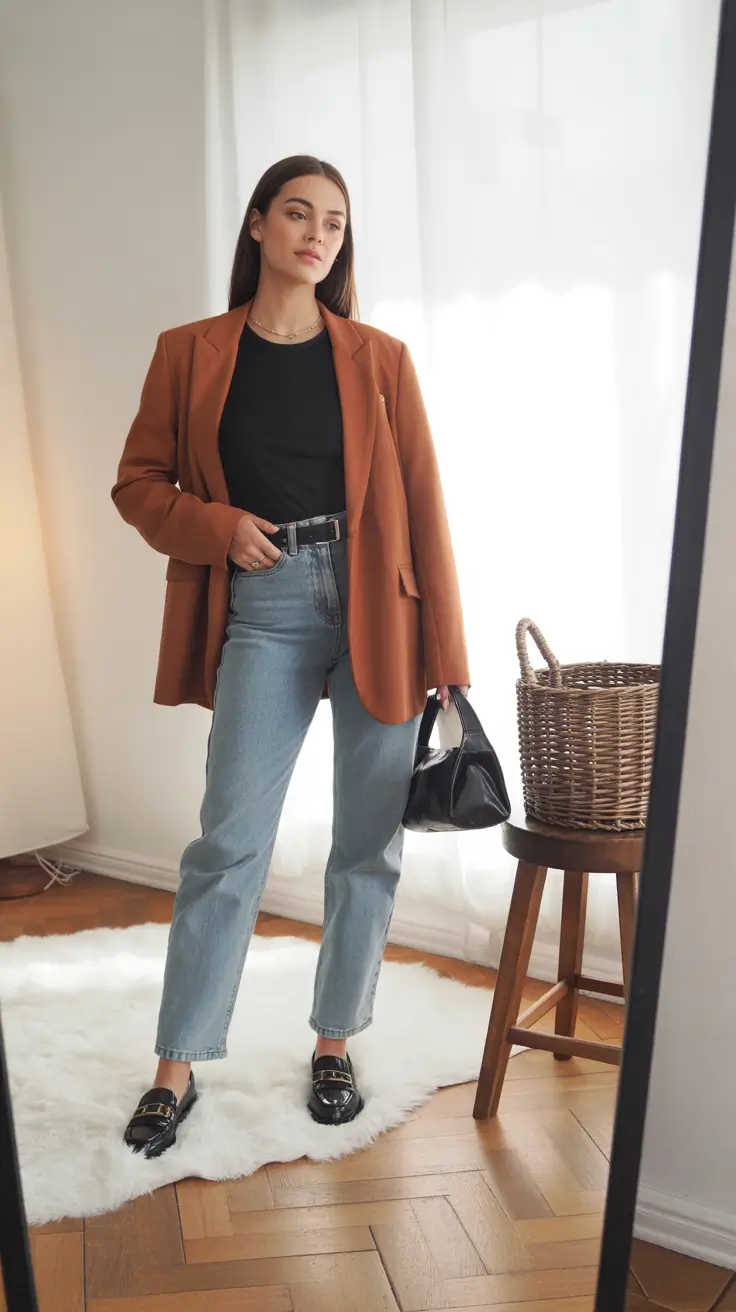 october outfits - Cinnamon Blazer With Black Tee And Straight Denim
