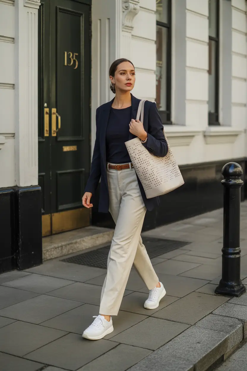 october outfits - Navy Blazer, Cream Trousers, And White Sneakers