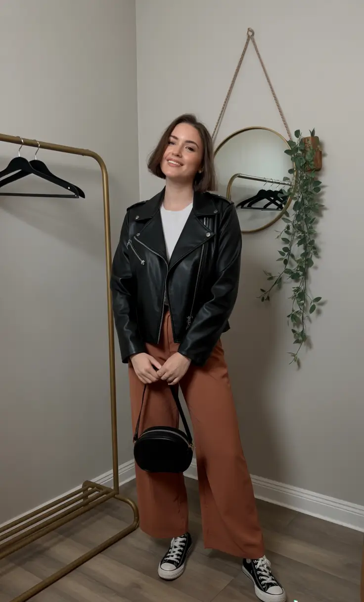 october outfits - Moto Jacket With Wide Rust Trousers And Classic Chucks