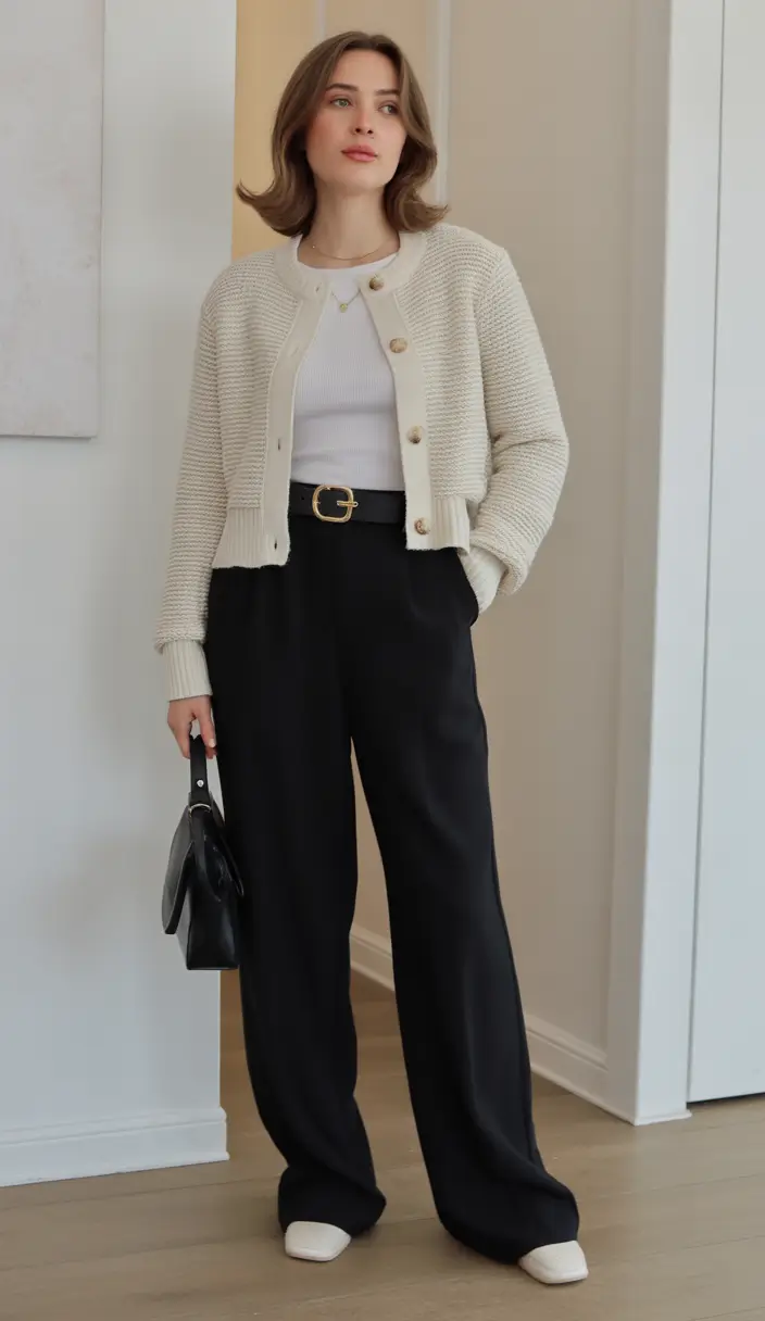 october outfits - Cream Cardigan, Ribbed Tank, And Relaxed Black Trousers