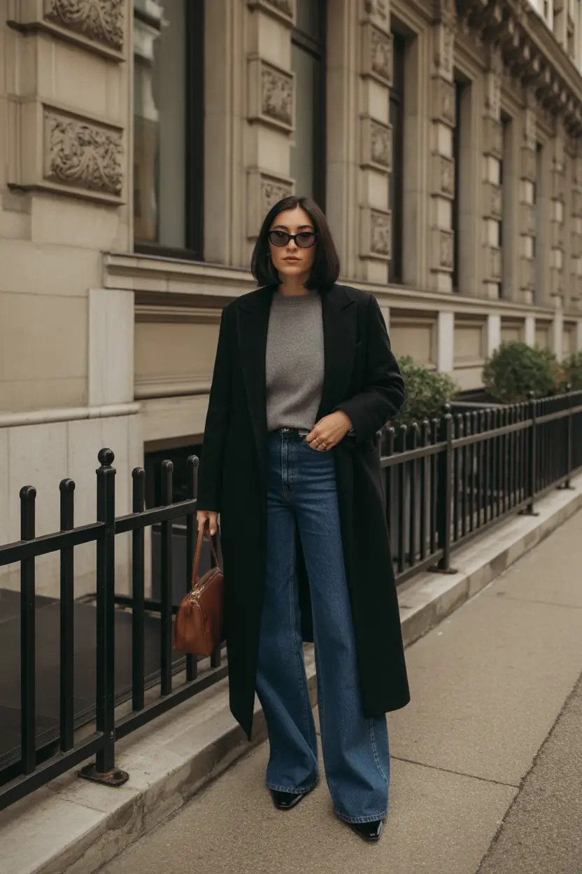 october outfits - Long Black Coat, Gray Knit, and Wide Denim