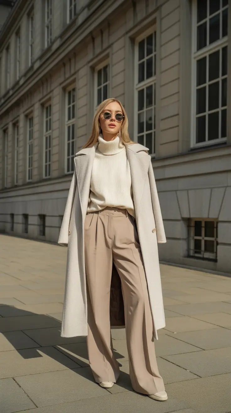 october outfits - Ivory Turtleneck With Tailored Neutrals And A Long Coat
