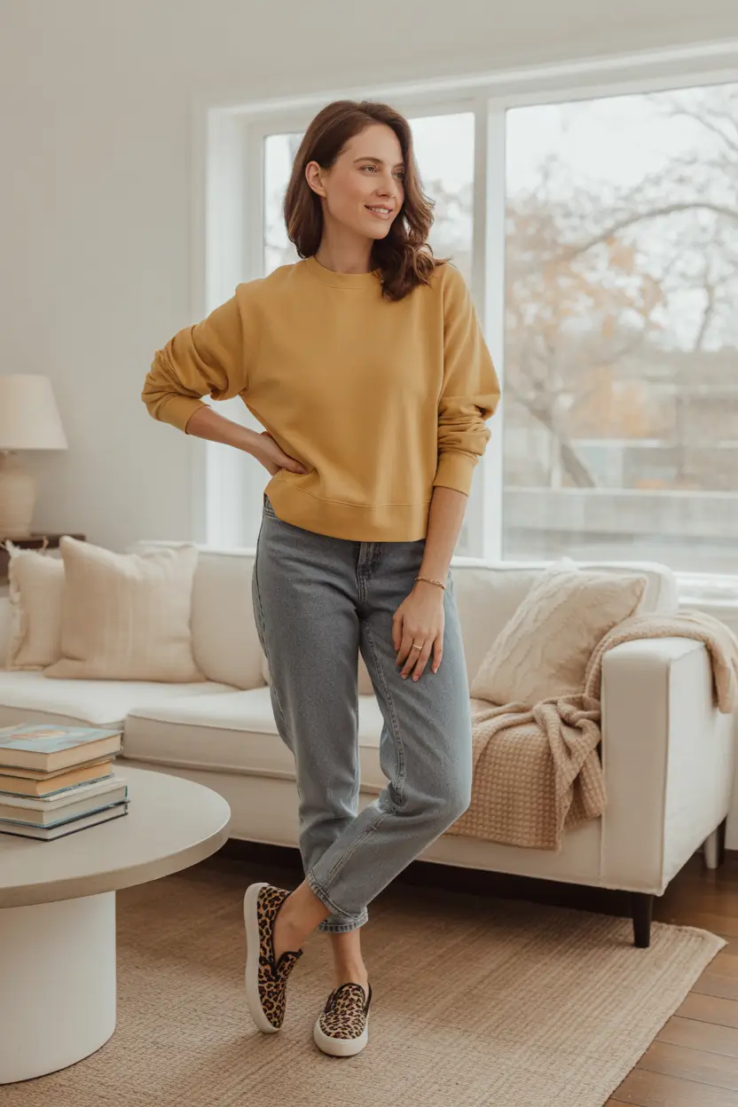 october outfits - Mustard Sweatshirt, Easy Denim, And Leopard Slip-Ons
