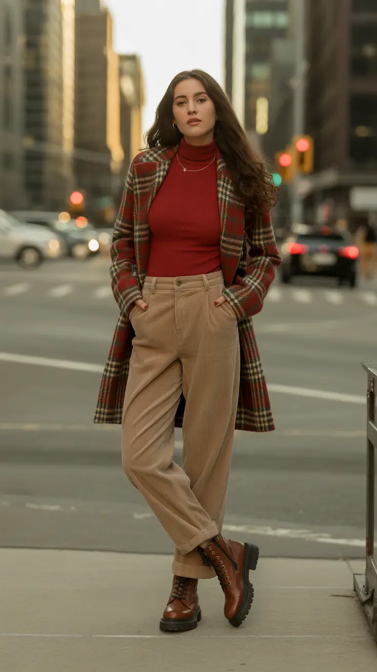 october outfits - Plaid Coat, Corduroy Trousers, And Rugged City Boots