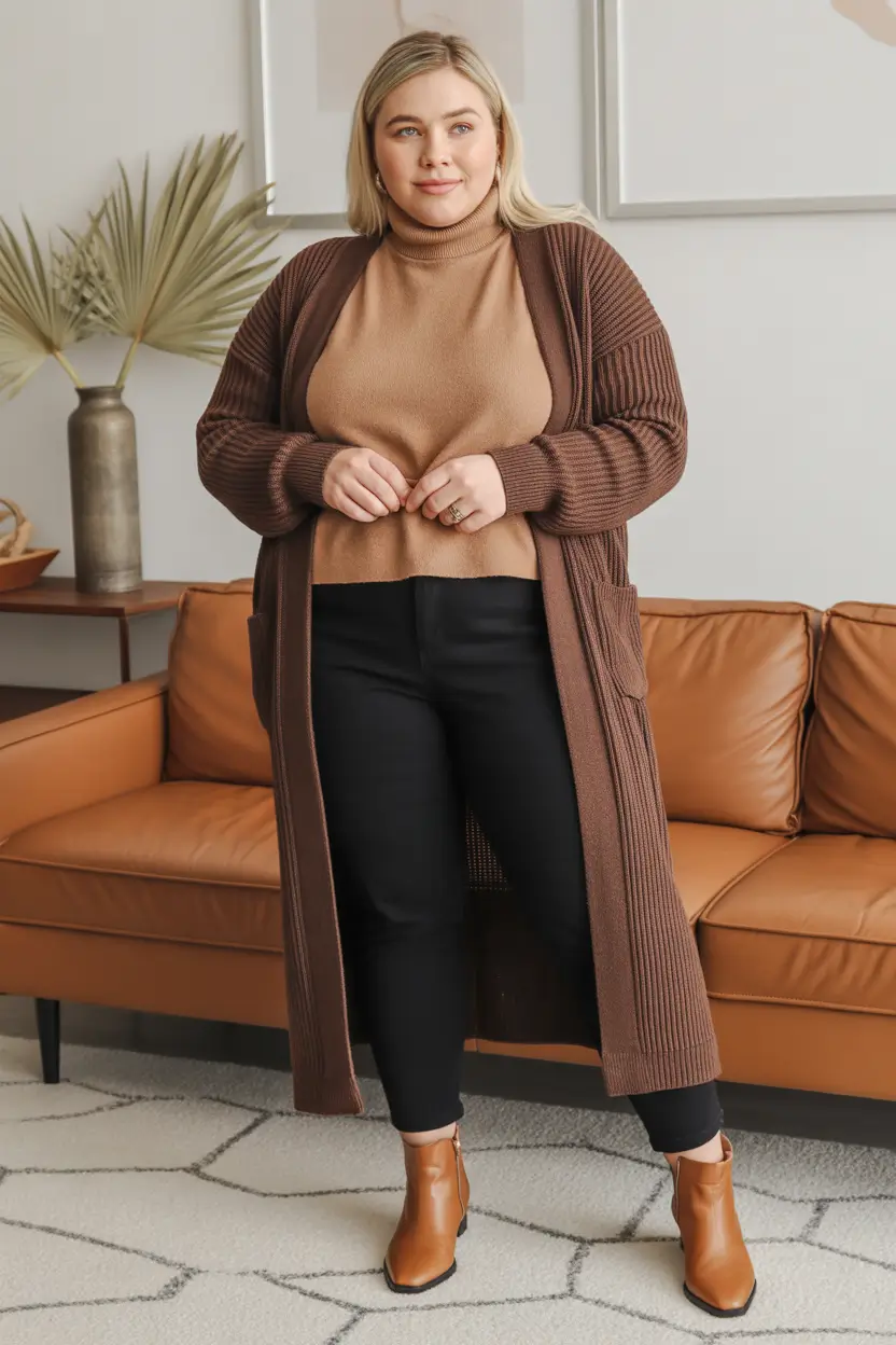 october outfits - Chocolate Duster Cardigan With Camel Knit And Sleek Black Pants