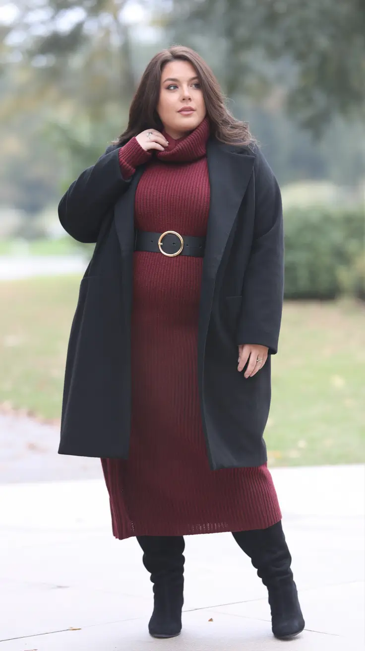 Plus Size Outfits for Winter 2025 / 2026 + Burgundy Knit Dress With Belt - Cozy Curve Definition
