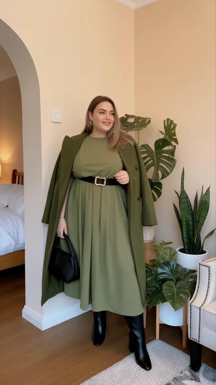 Plus Size Outfits for Winter 2025 / 2026 + Olive Monochrome Dress Set - Soft Drama, All Day
