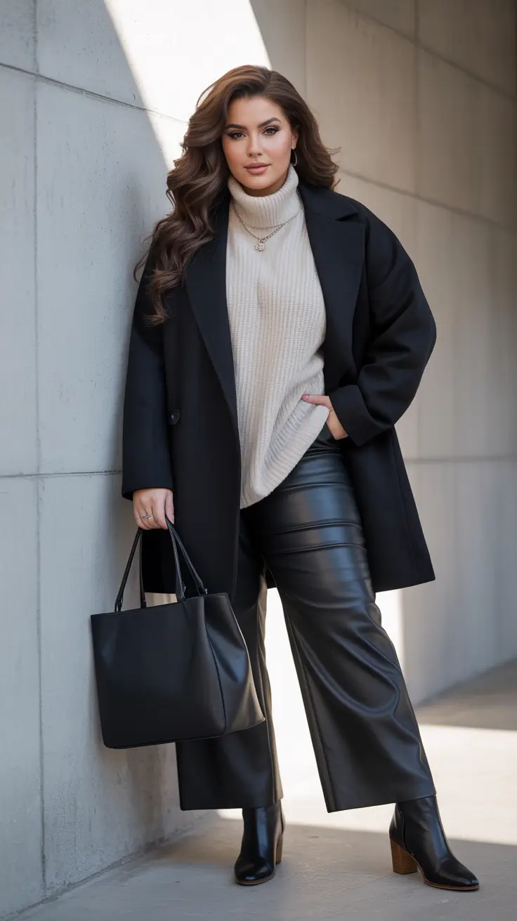 Plus Size Outfits for Winter 2025 / 2026 + Leather-Look Trousers With Cream Knit - City Edge, All Warmth