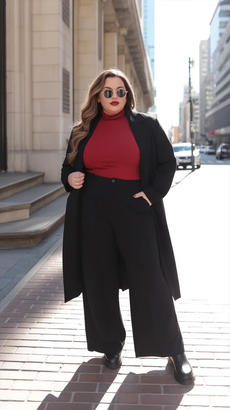 Plus Size Outfits for Winter 2025 / 2026 + Black Coat With Red Turtleneck - Power Contrast For Busy Days