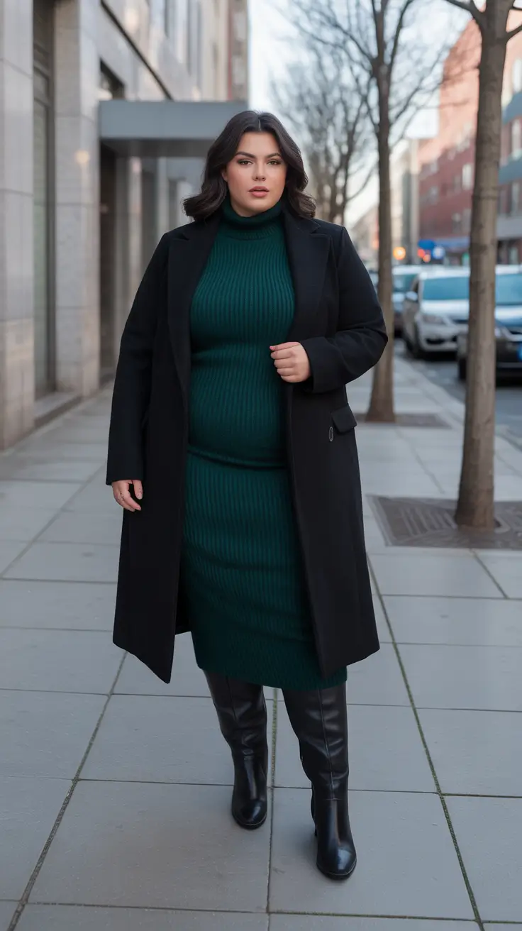 Plus Size Outfits for Winter 2025 / 2026 – Emerald Ribbed Dress Under A Sleek Black Coat