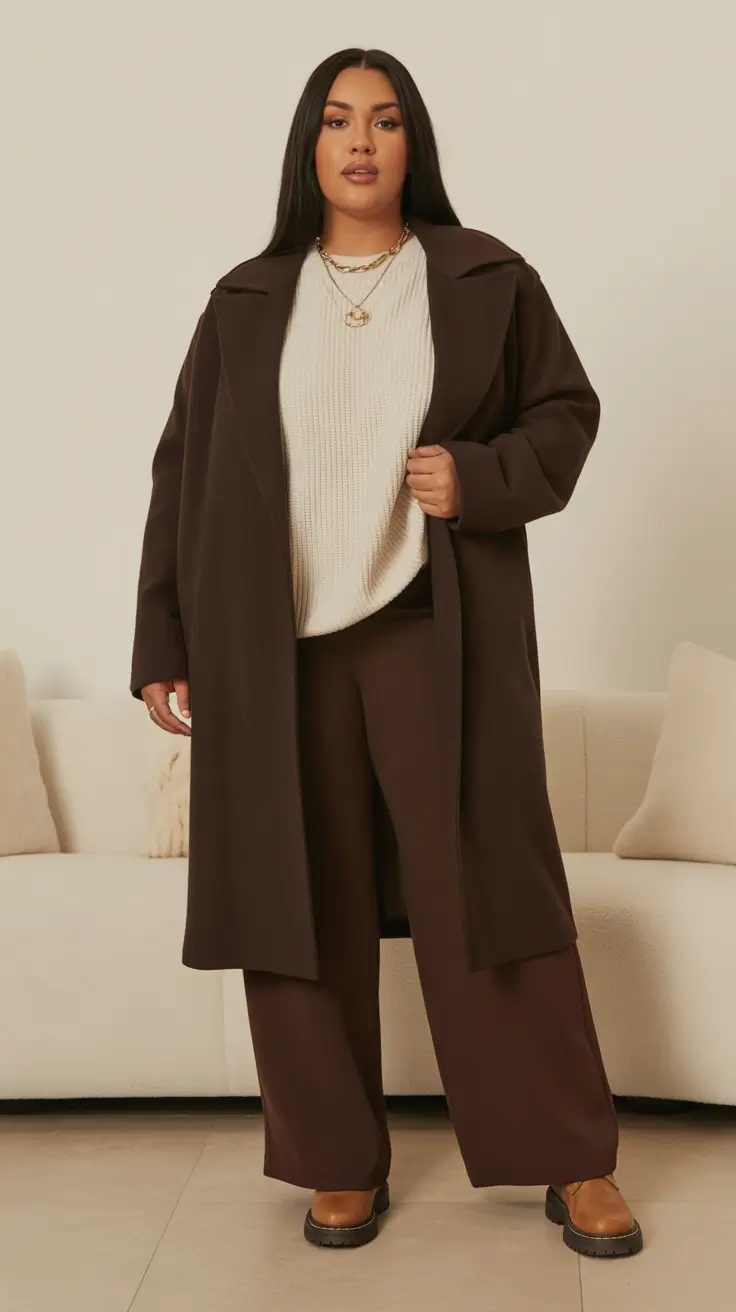 Plus Size Outfits for Winter 2025 / 2026 – Chocolate Monochrome With Cozy Cream Knit