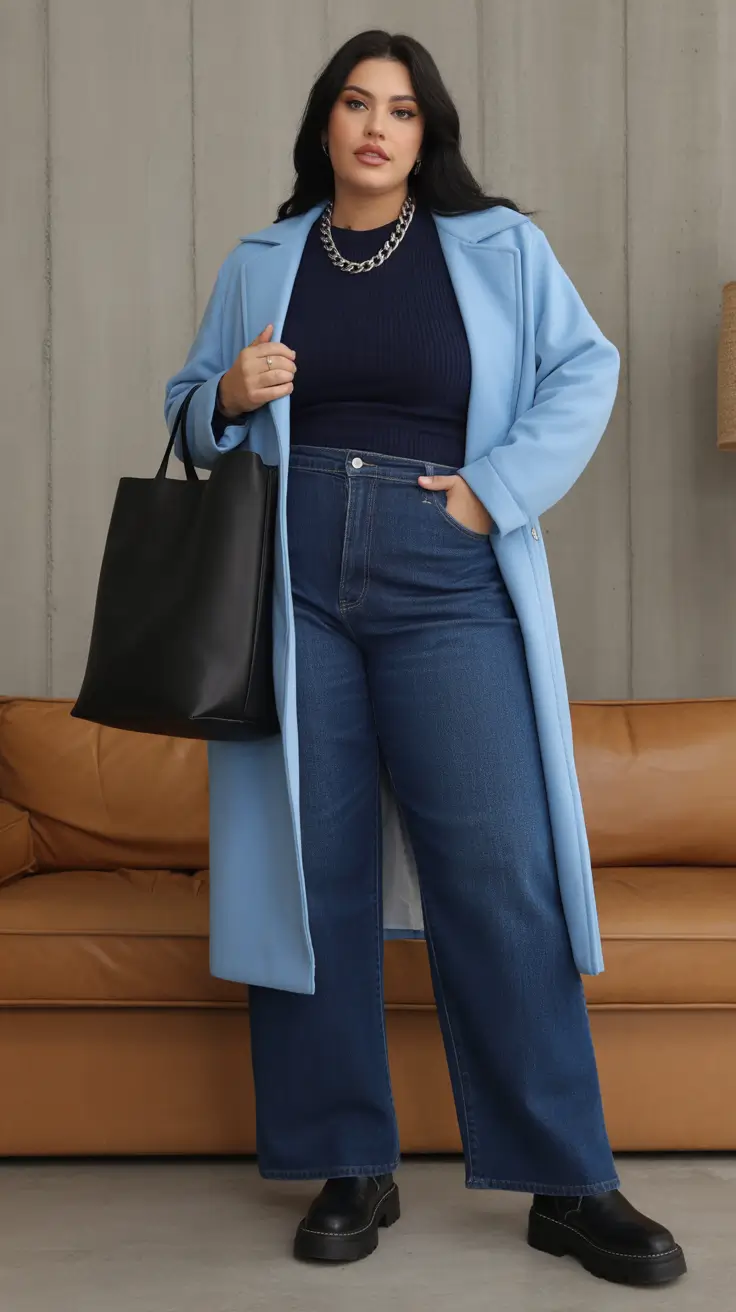 Plus Size Outfits for Winter 2025 / 2026 – Powder-Blue Coat With Denim And Navy Knit