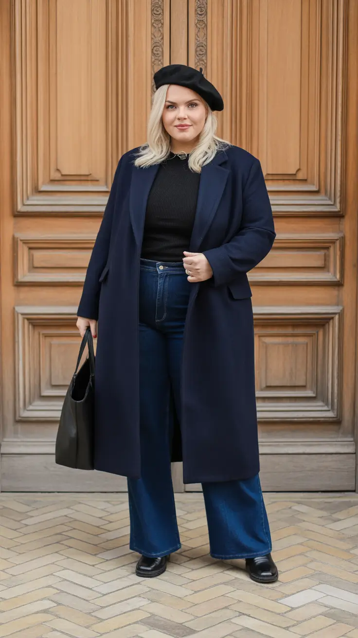 Plus Size Outfits for Winter 2025 / 2026 – Navy Coat, Beret, And Dark Denim