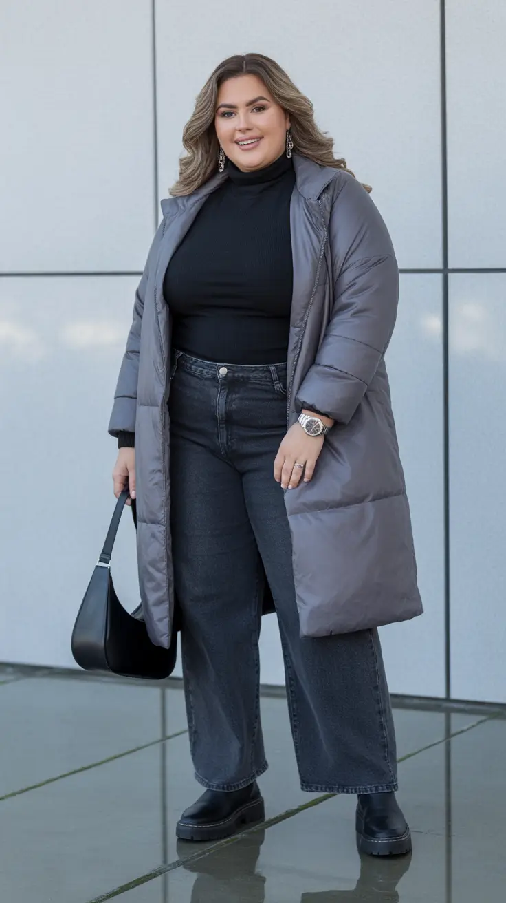 Plus Size Outfits for Winter 2025 / 2026 – Graphite Puffer And Charcoal Denim