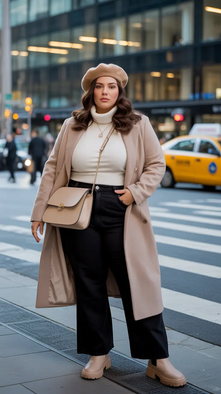Plus Size Outfits for Winter 2025 / 2026 – Soft Neutrals With A Beret And Cream Turtleneck