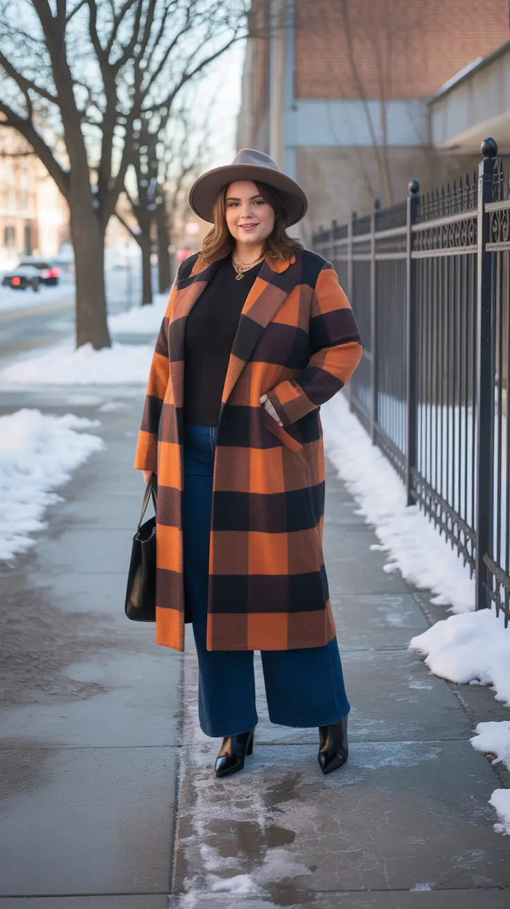 Plus Size Outfits for Winter 2025 / 2026 – Buffalo Checks With Wide-Leg Denim