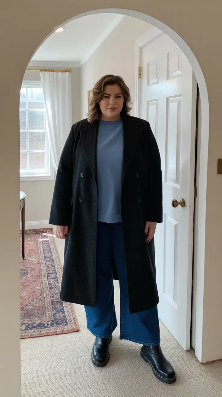 Plus Size Outfits for Winter 2025 / 2026 – Midnight Coat, Cloud-Blue Knit