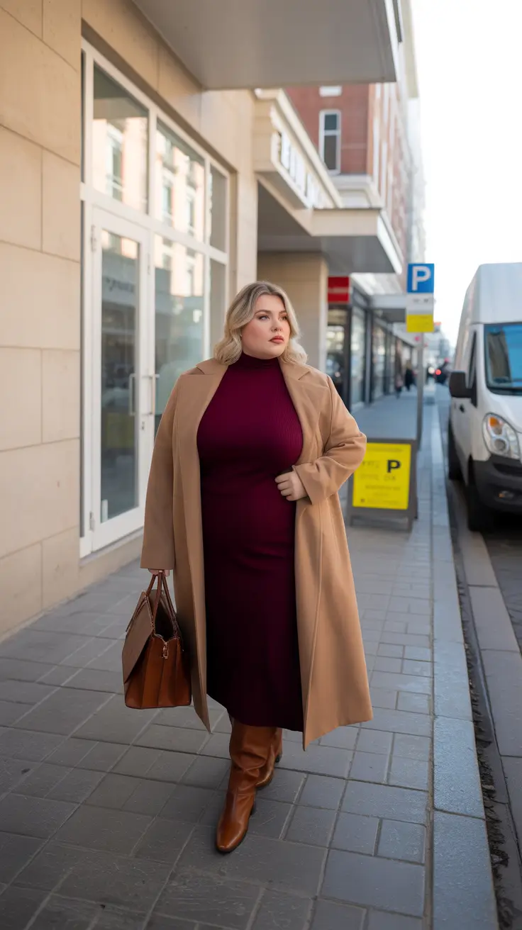 Plus Size Outfits for Winter 2025 / 2026 – Camel Coat With Merlot Knit Dress