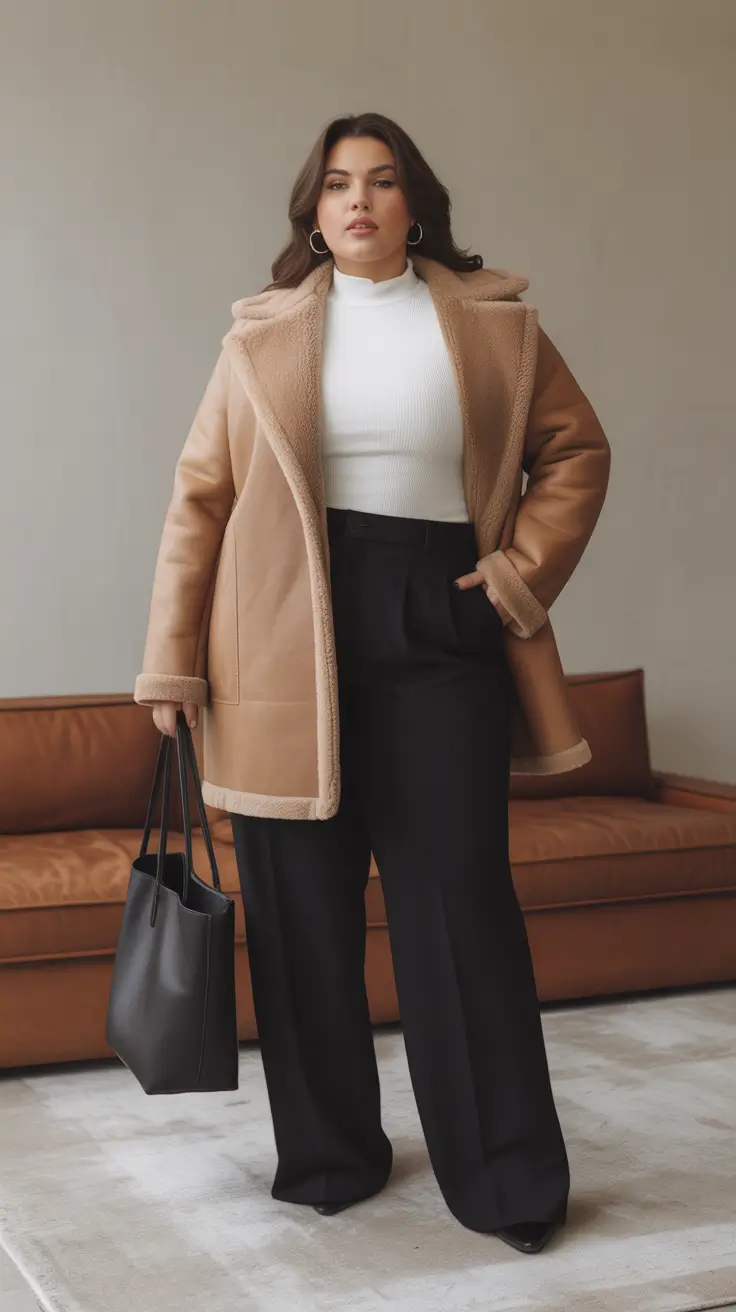 Plus Size Outfits for Winter 2025 / 2026 – Shearling Trim With Tailored Trousers