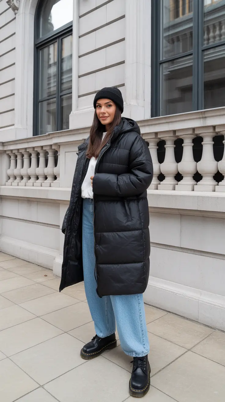 City Chill - Long Black Puffer With Light Blue Denim