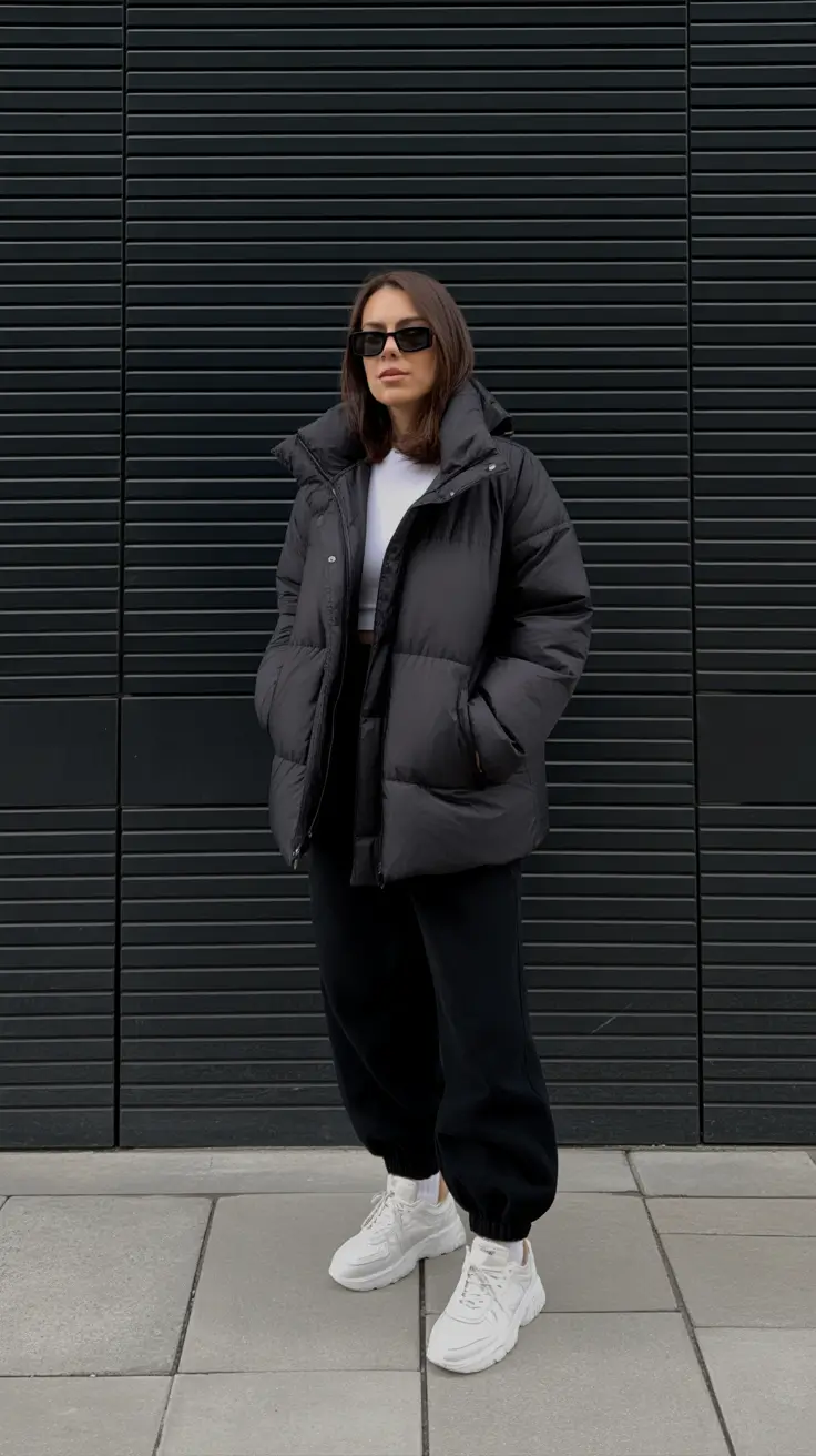 Puffer Jacket Outfit Ideas Winter 2025 - 2026 - Sporty Black Puffer with White Sneakers and Cropped Tee
