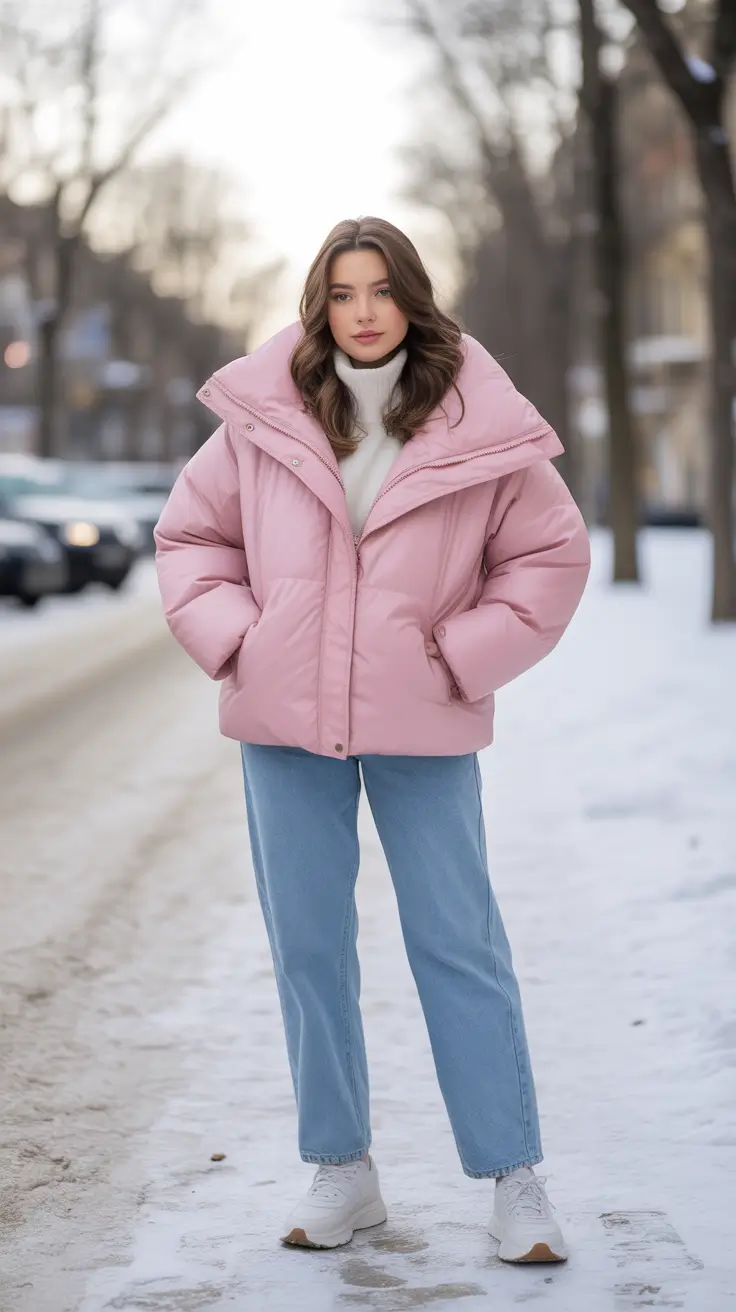 Puffer Jacket Outfit Ideas Winter 2025 - 2026 - Cotton-Candy Chill - Pastel Puff With Light Blue Denim