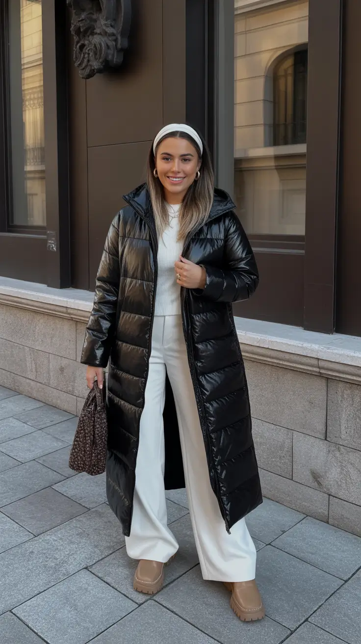 Puffer Jacket Outfit Ideas Winter 2025 - 2026 - Black - And - Ivory Power - Long Glossy Puffer With Wide Trousers