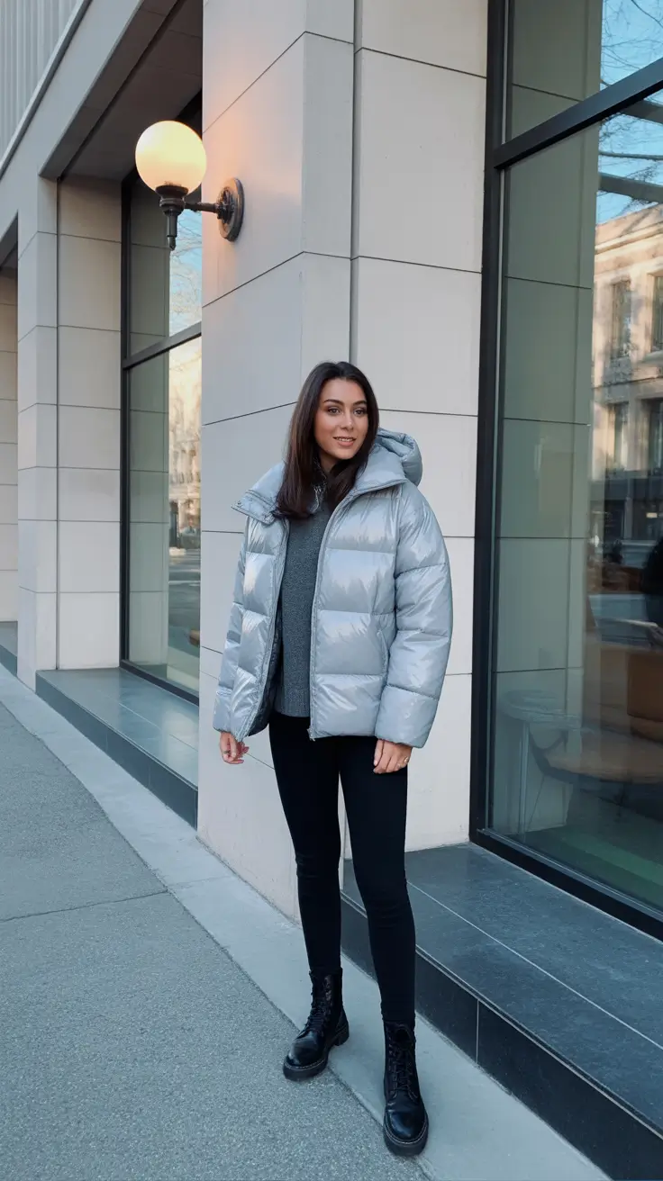 Puffer Jacket Outfit Ideas Winter 2025 - 2026 - Storm-Cloud Silver - Short Puff With Leggings